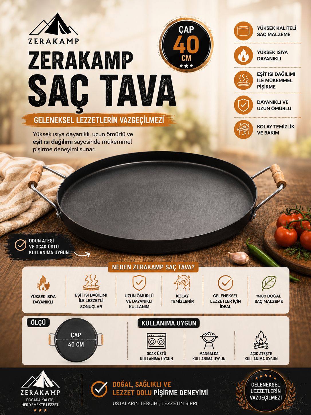 ZERAKAMP Sac Kavurma ve Gözleme Tavası – 40 cm